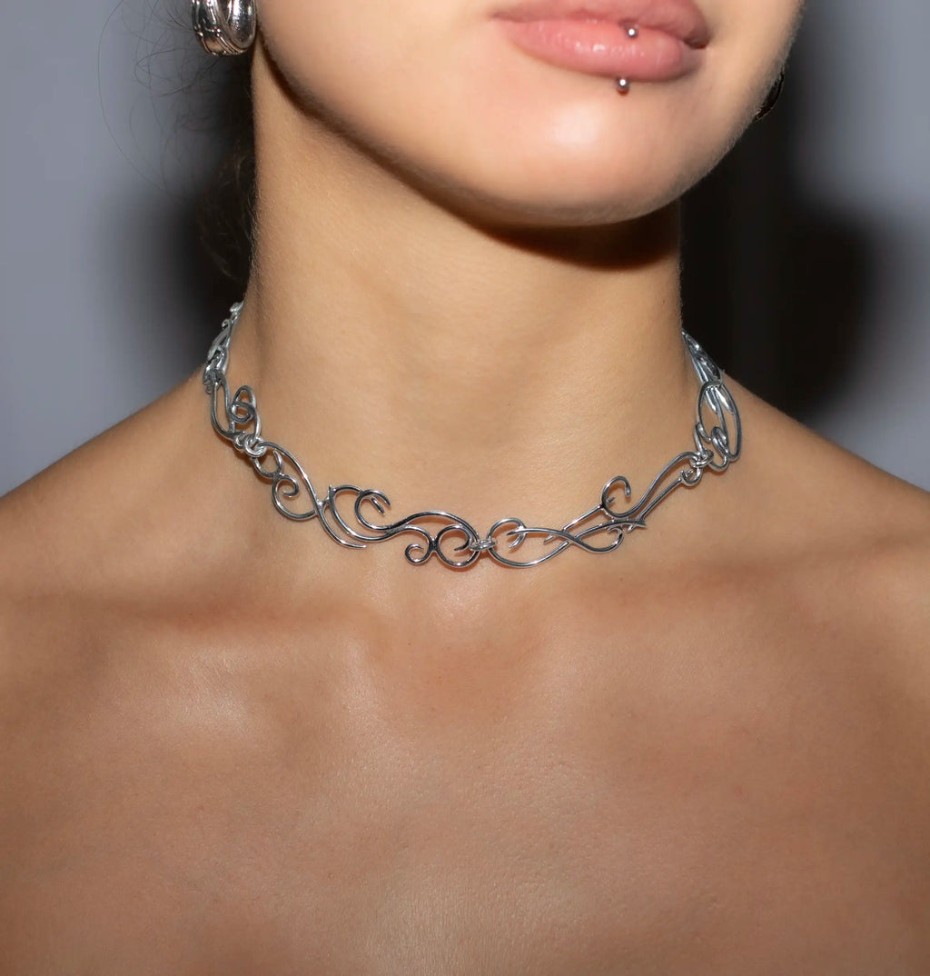 Sterling silver wire necklace, full length