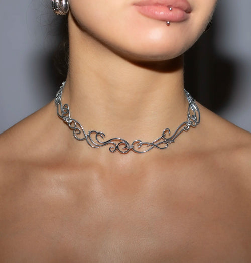 Sterling silver wire necklace, full length